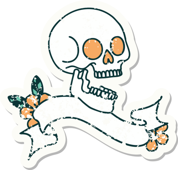 Bir insan tarafından çizilmiş kafatasının pankartıyla eski bir etiket.