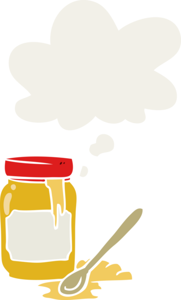 Düşünce baloncuğu olan ballı çizgi film kavanozu insan tarafından çizilmiş.