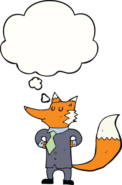 Bir insan tarafından çizilmiş düşünce baloncuğu olan tilki bir iş adamı.