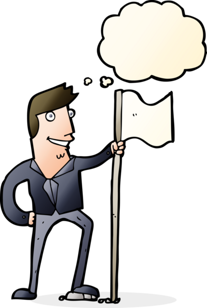 Bir insan tarafından çizilmiş düşünce baloncuğuyla bayrak diken çizgi film adamı.