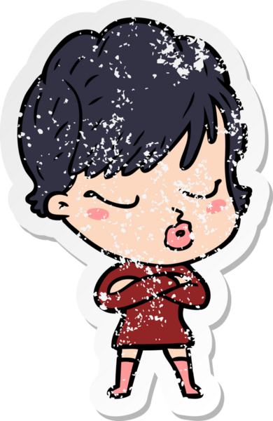 Bir insan tarafından çizilmiş gözleri olan karikatürlü bir kadının sıkıntılı çıkartması.