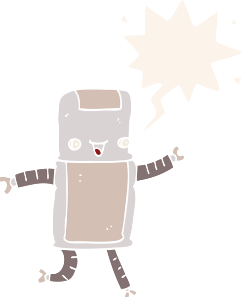 bir insan tarafından çizilmiş, konuşma baloncuklu çizgi film robotu.