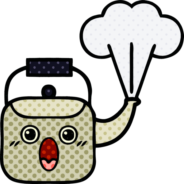 Bir insan tarafından çizilmiş dumanı tüten bir çaydanlığın çizgi romanı.