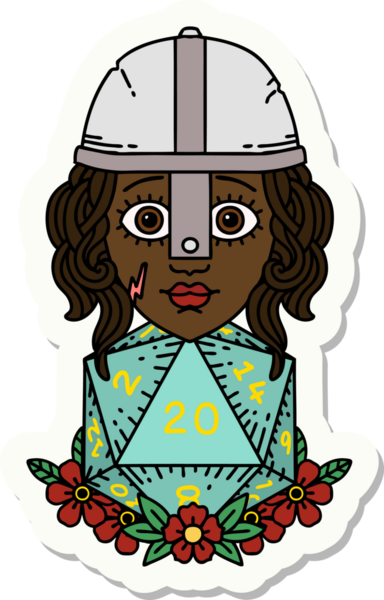 İnsan dövüşçüsünün çıkartması. Bir insan tarafından çizilmiş 20 D20 zarlı.