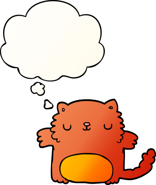 Bir insan tarafından çizilmiş yumuşak eğimli düşünce baloncuklu çizgi film kedisi.