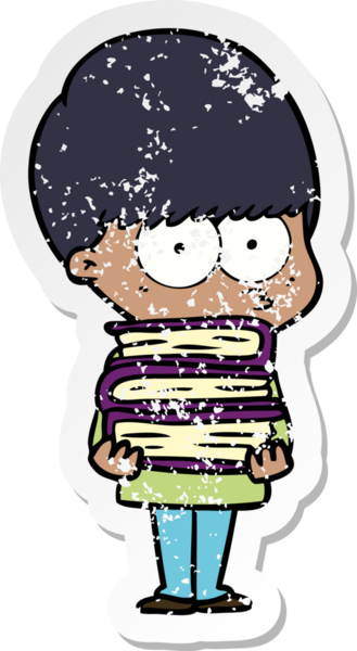 Bir insan tarafından çizilmiş kitapları taşıyan gergin bir çizgi film çocuğunun sıkıntılı çıkartması.