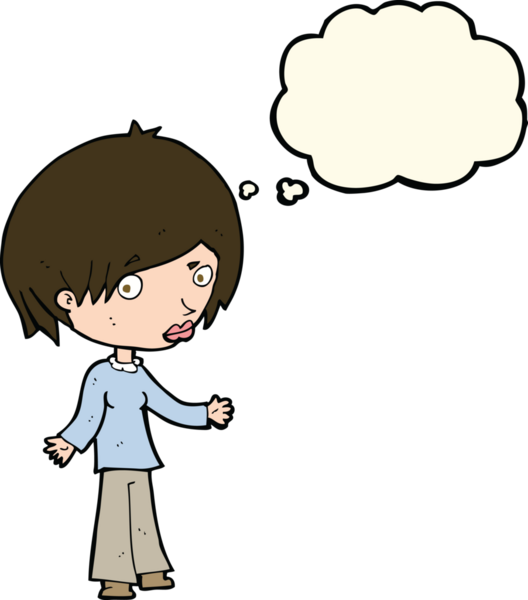 Bir insan tarafından çizilmiş düşünce baloncuğu olan kafası karışık bir kadın çizgi filmi.