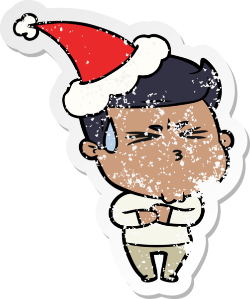 Hüsrana uğramış, Noel Baba şapkası takmış bir adamın insan tarafından çizilmiş bir karikatürü.