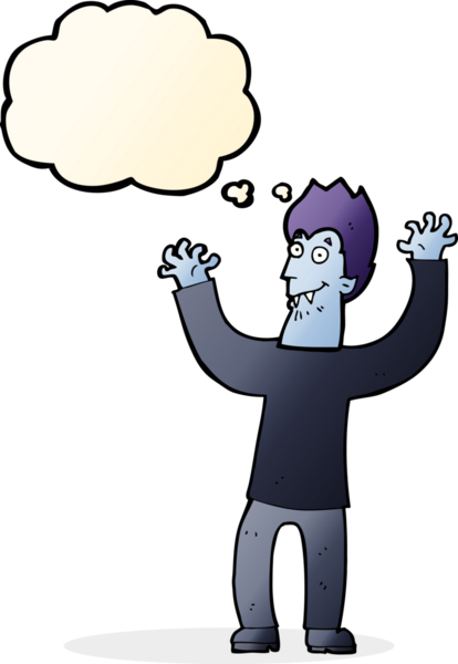 Bir insan tarafından çizilmiş düşünce balonlu cadılar bayramı vampiri çizgi filmi.