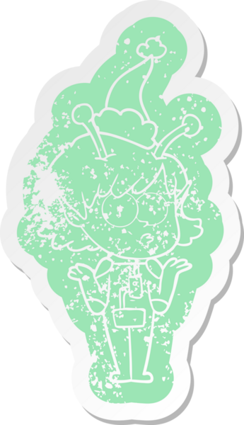 Bir insan tarafından çizilmiş Noel Baba şapkası giyen uzaylı bir kızın garip bir karikatürü.