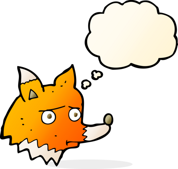 Bir insan tarafından çizilmiş düşünce kabarcığı olan mutsuz tilki çizgi filmi.