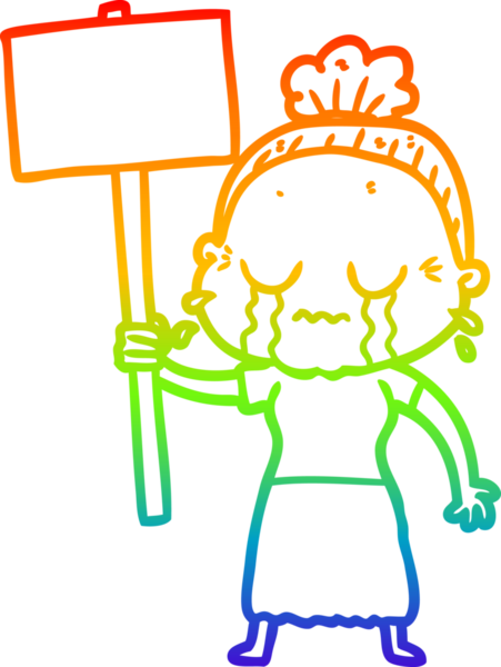 Karikatür çizen karikatür çizen yaşlı kadın, bir insan tarafından çizilen protestoyu protesto ederken ağlıyor.