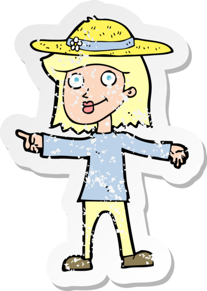 Bir insanın çizdiği şapkayı takan bir karikatür kadının gerilimli çıkartması.