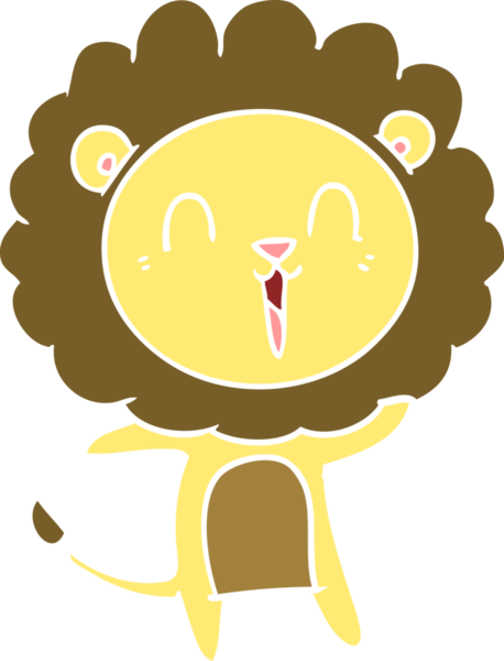 Gülen aslan düz renkli çizgi film bir insan tarafından çizildi.