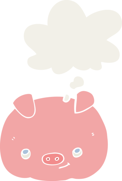 insan tarafından çizilmiş, düşünce baloncuklu mutlu domuz çizgi filmi.