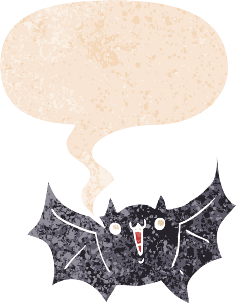 çizgi film mutlu vampir yarasa konuşma balonu ile grunge sıkıntılı retro tarzı bir insan tarafından çizilmiş
