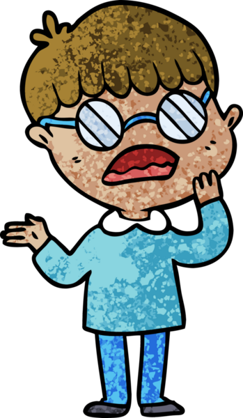 Bir insan tarafından çizilmiş gözlüklü, kafası karışık bir çocuk.