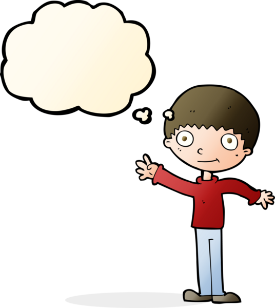 Bir insan tarafından çizilmiş düşünce baloncuğu olan mutlu, el sallayan çocuk.