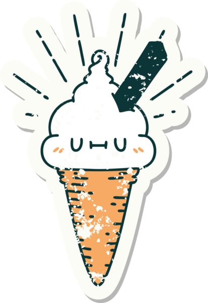 Bir insan tarafından çizilmiş dövmeli dondurma karakterinin eski bir çıkartması.