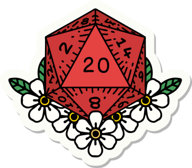 Bir insan tarafından çizilmiş 20 D20 zarının etiketi.