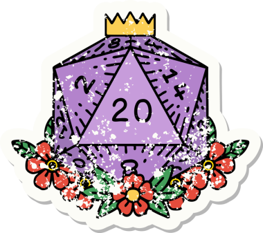 Bir insan tarafından çizilmiş çiçek elementleriyle 20 D20 zarının grunge sticker 'ı.