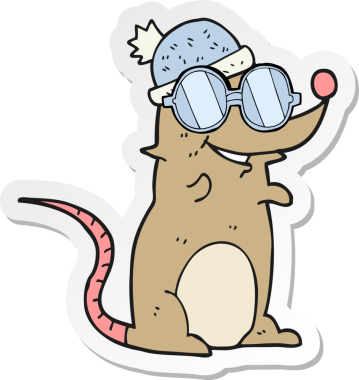 Bir insan tarafından çizilmiş gözlüklü ve şapkalı çizgi film faresinin çıkartması.