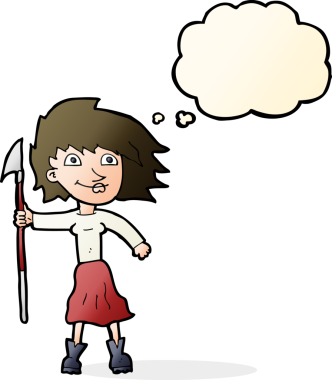 Bir insan tarafından çizilmiş düşünce balonlu mızraklı karikatür kadın.