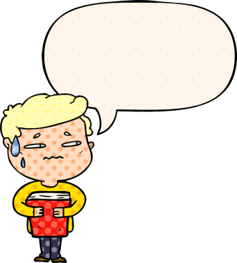 Çizgi roman tarzında konuşma balonu taşıyan endişeli çocuk bir insan tarafından çizilmiş.