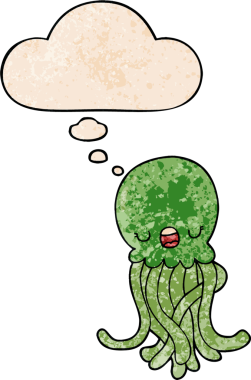 bir insan tarafından çizilmiş grunge desenli düşünce baloncuklu denizanası çizgi filmi.