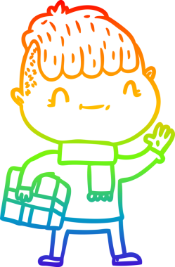 Gökkuşağı gradyan çizgi çizimi. Bir insan tarafından çizilmiş Noel hediyesi olan çizgi film dostu bir çocuk.