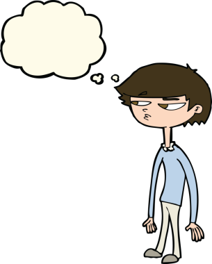 Bir insan tarafından çizilmiş düşünce balonlu şüpheli çocuk çizgi filmi.