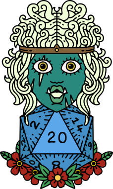 Retro Dövme Tarzı Ork barbarlığı. Bir insan tarafından çizilmiş doğal yirmi zar.