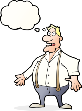 Bir insan tarafından çizilen düşünce baloncuğuyla şok olmuş bir adam.