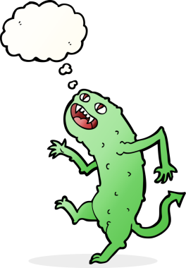 Bir insan tarafından çizilmiş düşünce baloncuklu çizgi film canavarı.