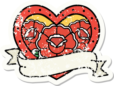 Geleneksel bir kalp stili ve insan tarafından çizilmiş çiçekli pankart dövmesi.