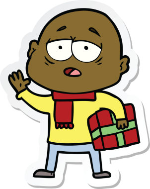 Bir insan tarafından çizilmiş, yorgun, kel bir adamın çıkartması.