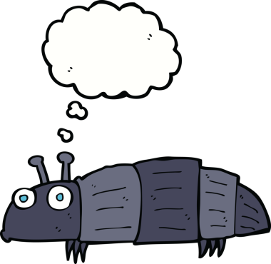 Bir insan tarafından çizilmiş düşünce baloncuklu çizgi film böceği