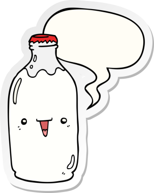 Bir insan tarafından çizilmiş konuşma balonu etiketli şirin bir süt şişesi.