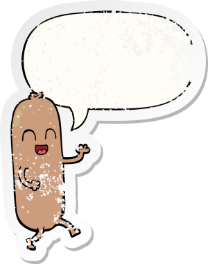 Konuşma baloncuklu çizgi film sosisi bir insan tarafından çizilmiş sıkıntılı eski bir çıkartma.