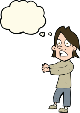 Bir insan tarafından çizilen düşünce baloncuğuyla şok olmuş bir adam.