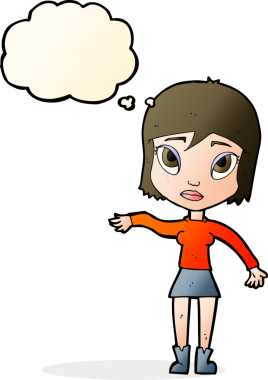 Bir insan tarafından çizilmiş düşünce baloncuğuyla el sallayan çizgi film kadını.