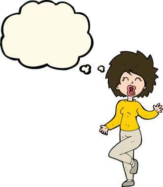 Bir insan tarafından çizilmiş düşünce baloncuğuyla dans eden çizgi film kadını.