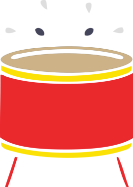 Bir insan tarafından çizilen davulun düz renkli retro karikatürü