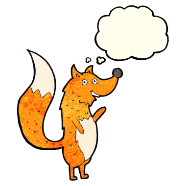 Bir insan tarafından çizilmiş düşünce balonlu tilki sallayan çizgi film.