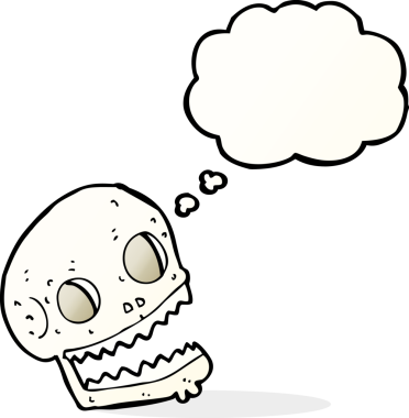 Bir insan tarafından çizilmiş düşünce baloncuklu garip kafatası.