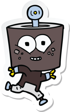 Bir insan tarafından çizilen mutlu çizgi film robotunun çıkartması.