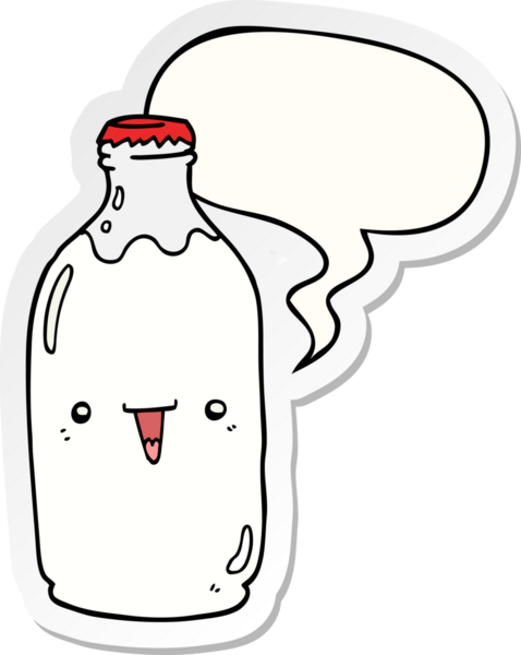 Bir insan tarafından çizilmiş konuşma balonu etiketli şirin bir süt şişesi.