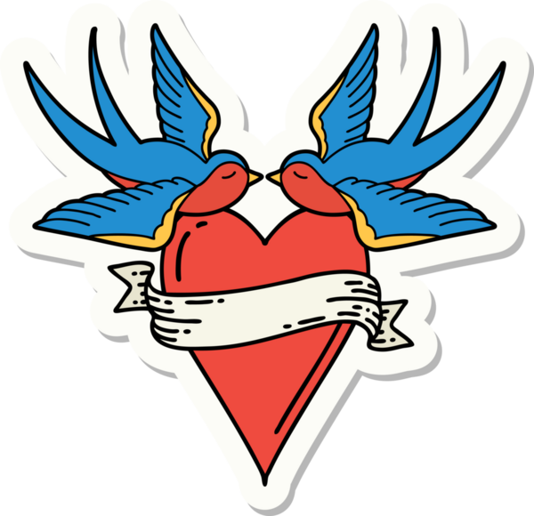 Geleneksel kırlangıç stili dövme çıkartması ve bir insan tarafından çizilmiş sancaklı bir kalp.