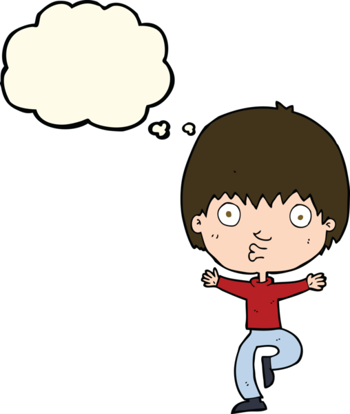 Bir insan tarafından çizilmiş düşünce baloncuğu olan heyecanlı çocuk.