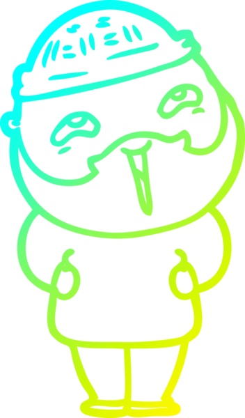 Bir insan tarafından çizilmiş, mutlu, sakallı, çizgi film karakteri.